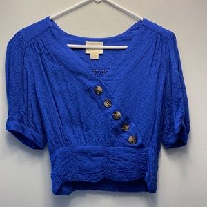 ANTHROPOLOGIE Maeve Madelyn Blue Diamond Embossed Button Wrap Crop Top
